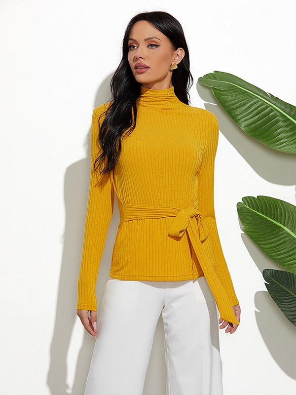 Yellow High Neck Long Sleeve Slim Sweater