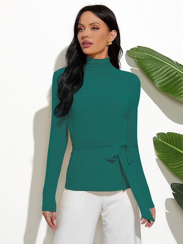 Green High Neck Long Sleeve Slim Sweater