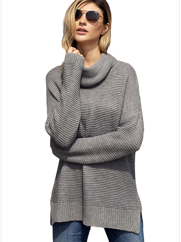 Gray Long Sleeve Casual Ribbed Knit Sweater