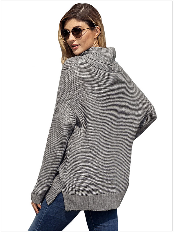 Gray Long Sleeve Casual Ribbed Knit Sweater