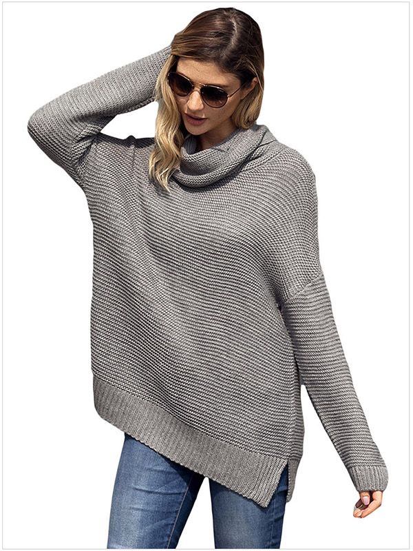 Gray Long Sleeve Casual Ribbed Knit Sweater