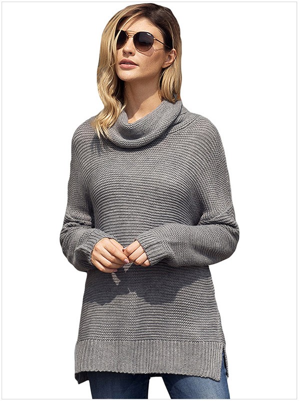 Gray Long Sleeve Casual Ribbed Knit Sweater