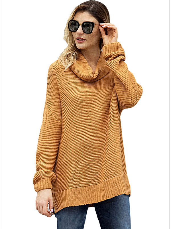 Khaki Long Sleeve Casual Ribbed Knit Sweater