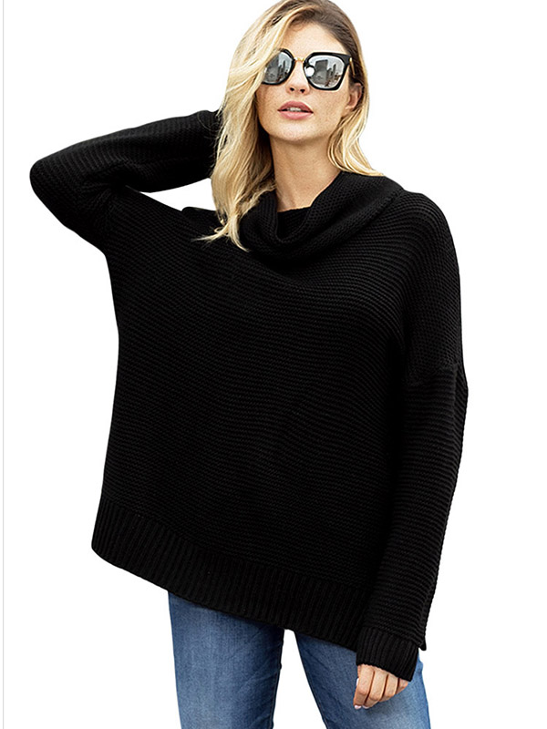 Black Long Sleeve Casual Ribbed Knit Sweater