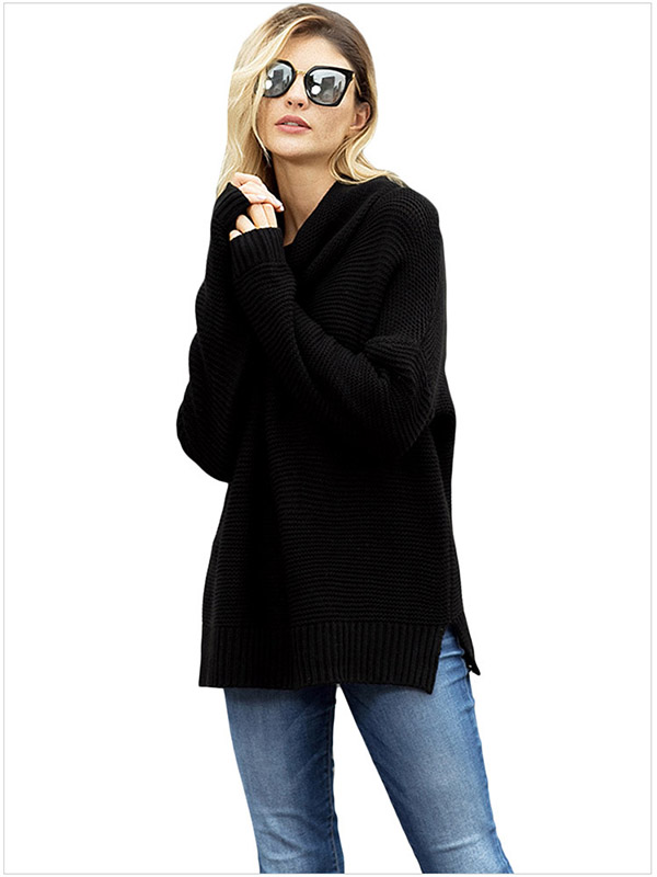 Black Long Sleeve Casual Ribbed Knit Sweater