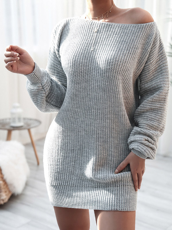 Gray Oversize Long-sleeved Casual Loose Knit Sweater