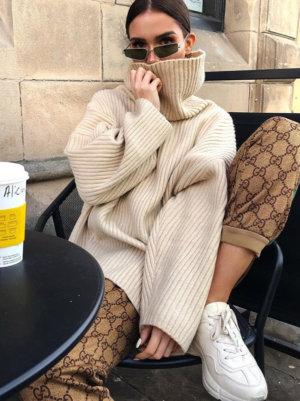 Khaki Oversize High Neck Loose Long Sleeve Sweater