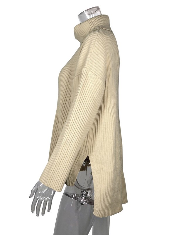 Khaki Oversize High Neck Loose Long Sleeve Sweater