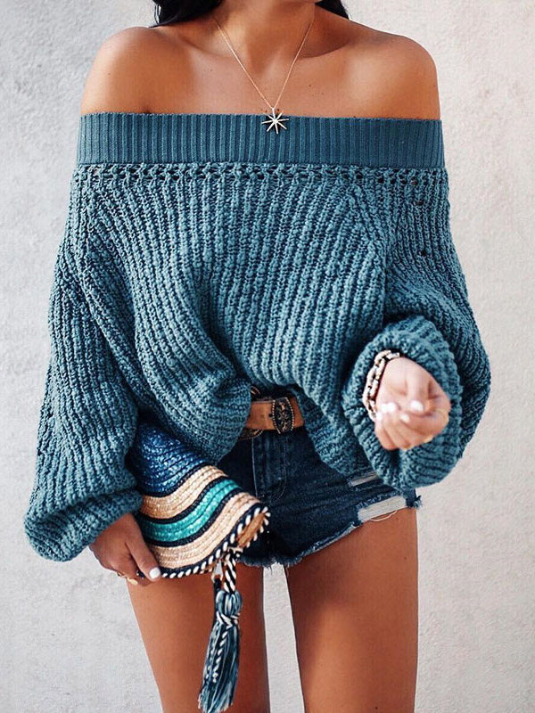 Blue Oversize Lantern Long Sleeve Base Sweater