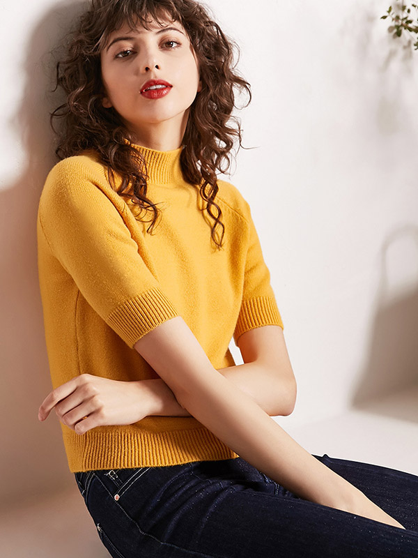 Yellow Half-sleeved Turtleneck Knit Sweater