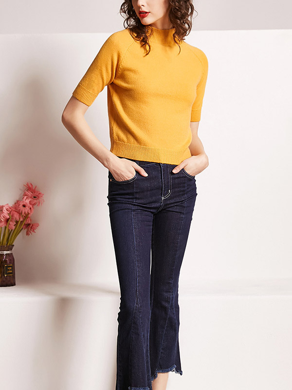 Yellow Half-sleeved Turtleneck Knit Sweater