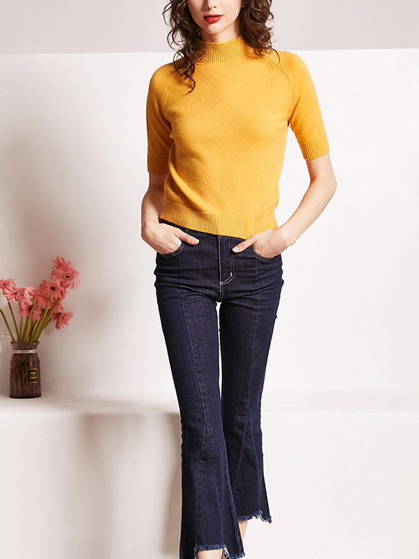 Yellow Half-sleeved Turtleneck Knit Sweater