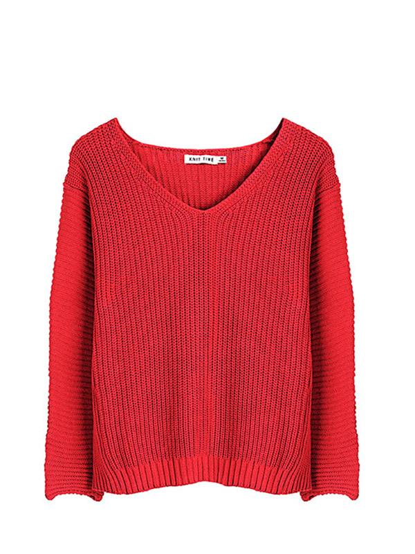 Red V-neck Loose Turtleneck Sweater