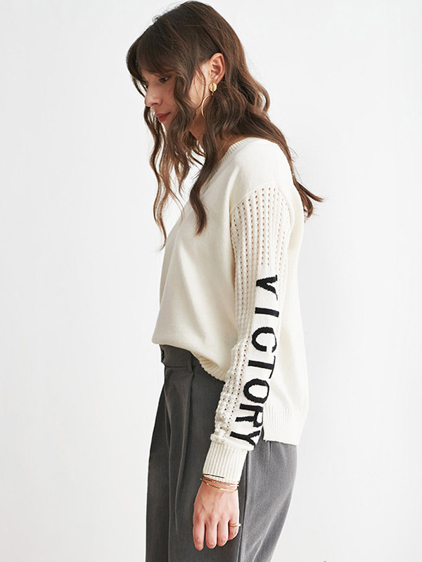 White V-neck Sweater with Black Letters