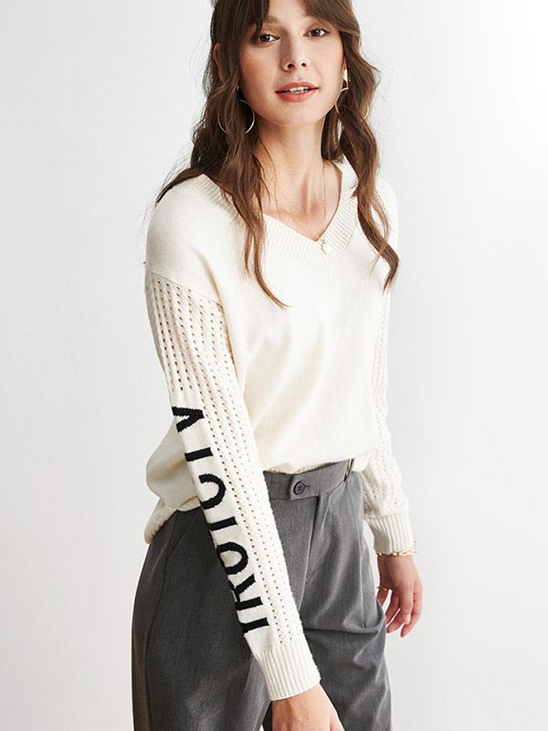 White V-neck Sweater with Black Letters