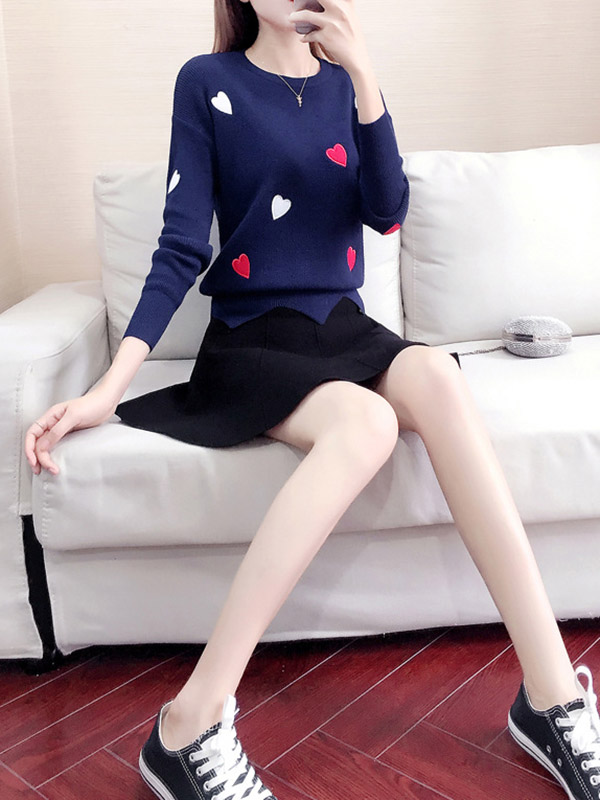 Blue Embroidery Sweater with heart pattern +Black Skirt