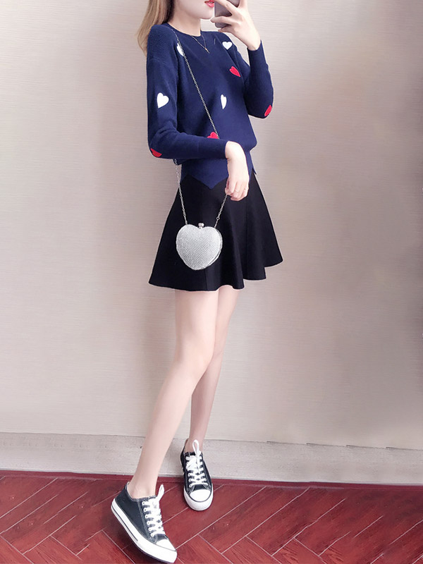 Blue Embroidery Sweater with heart pattern +Black Skirt