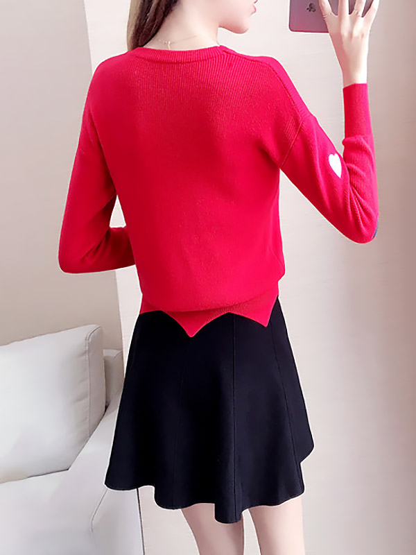 Red Embroidery Sweater with heart pattern +Black Skirt