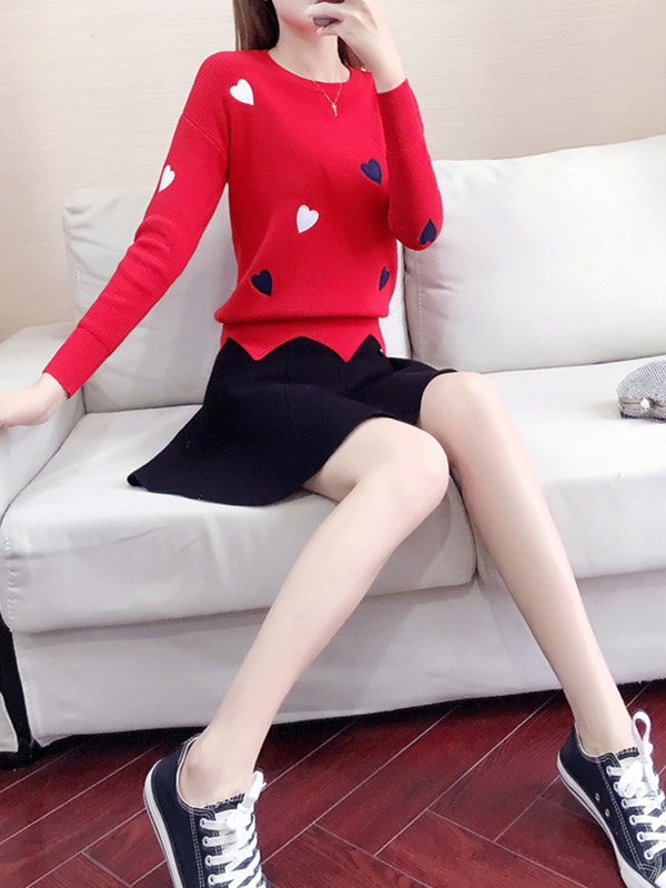 Red Embroidery Sweater with heart pattern +Black Skirt