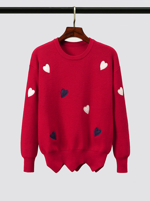 Red Embroidery Sweater with heart pattern +Black Skirt