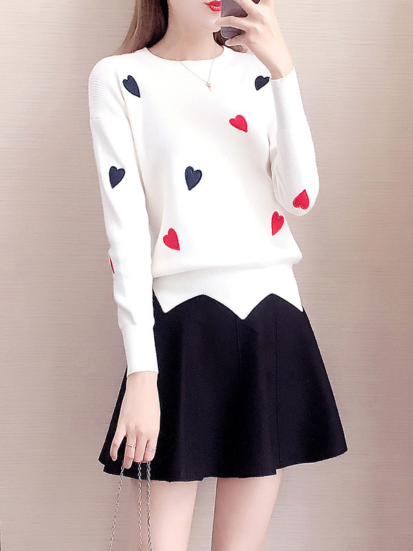 White Embroidery Sweater with heart pattern +Black Skirt