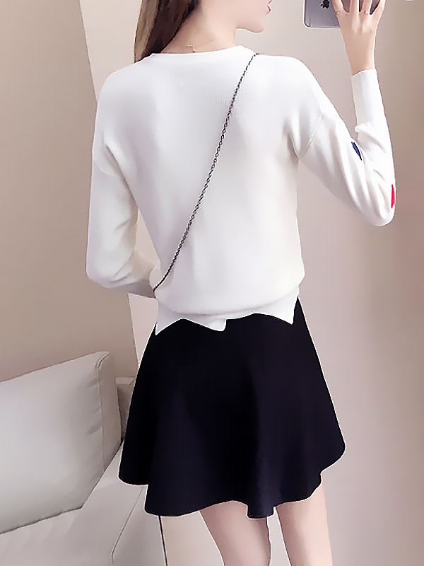 White Embroidery Sweater with heart pattern +Black Skirt