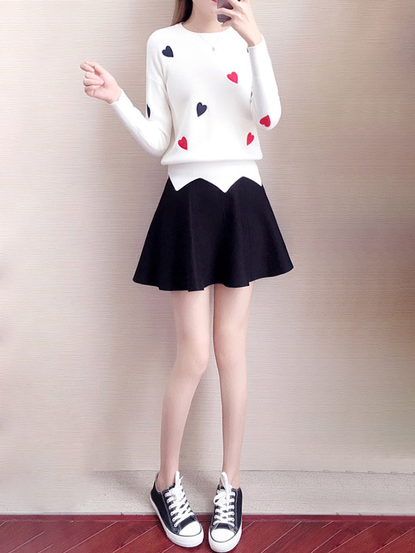 White Embroidery Sweater with heart pattern +Black Skirt