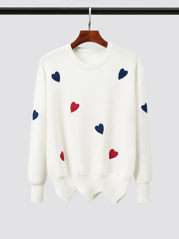 White Embroidery Sweater with heart pattern +Black Skirt