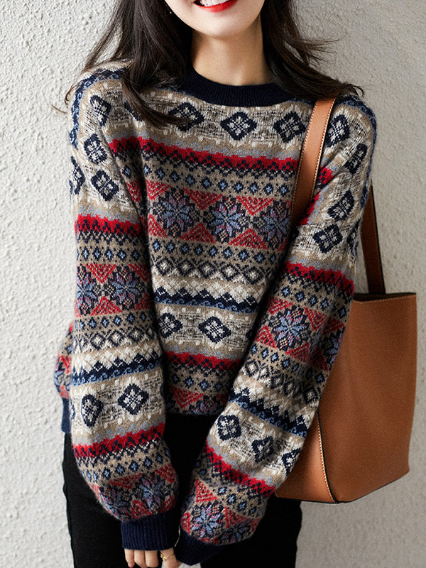 Multicolor Oversize Jacquard Knit Cashmere Sweater With Extra Thickness