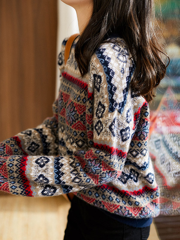 Multicolor Oversize Jacquard Knit Cashmere Sweater With Extra Thickness