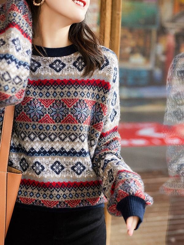 Multicolor Oversize Jacquard Knit Cashmere Sweater With Extra Thickness