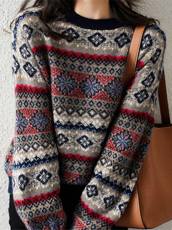 Multicolor Oversize Jacquard Knit Cashmere Sweater With Extra Thickness