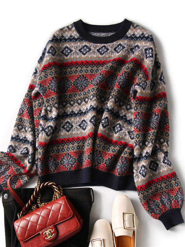 Multicolor Oversize Jacquard Knit Cashmere Sweater With Extra Thickness