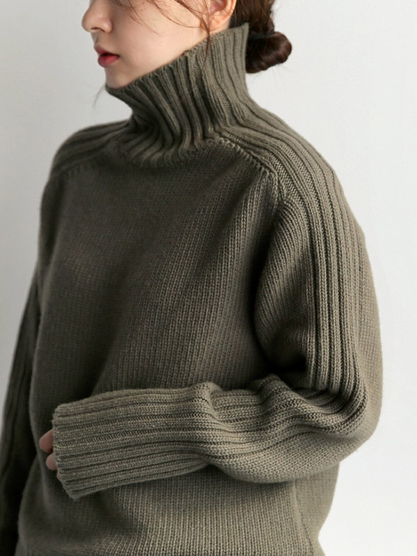 Green Simple High Collar Autumn/Winter Style Sweater