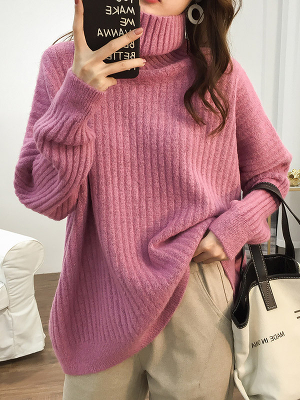 Pink Loose Slouchy Turtleneck Sweater