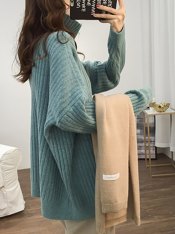 Green Loose Slouchy Turtleneck Sweater