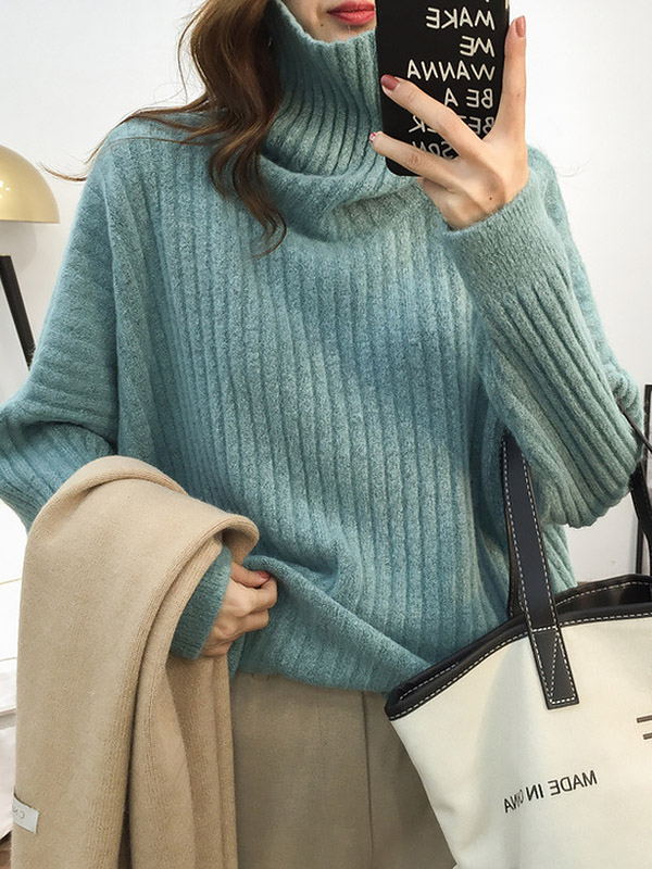 Green Loose Slouchy Turtleneck Sweater