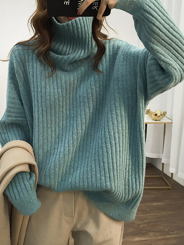 Green Loose Slouchy Turtleneck Sweater