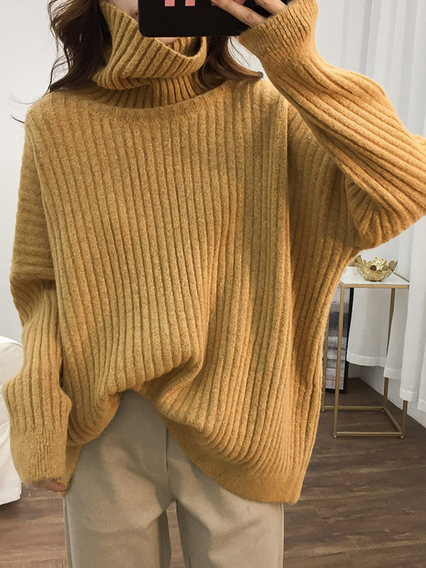 Yellow Loose Slouchy Turtleneck Sweater