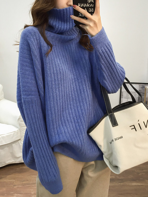 Blue Loose Slouchy Turtleneck Sweater