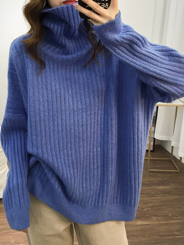 Blue Loose Slouchy Turtleneck Sweater