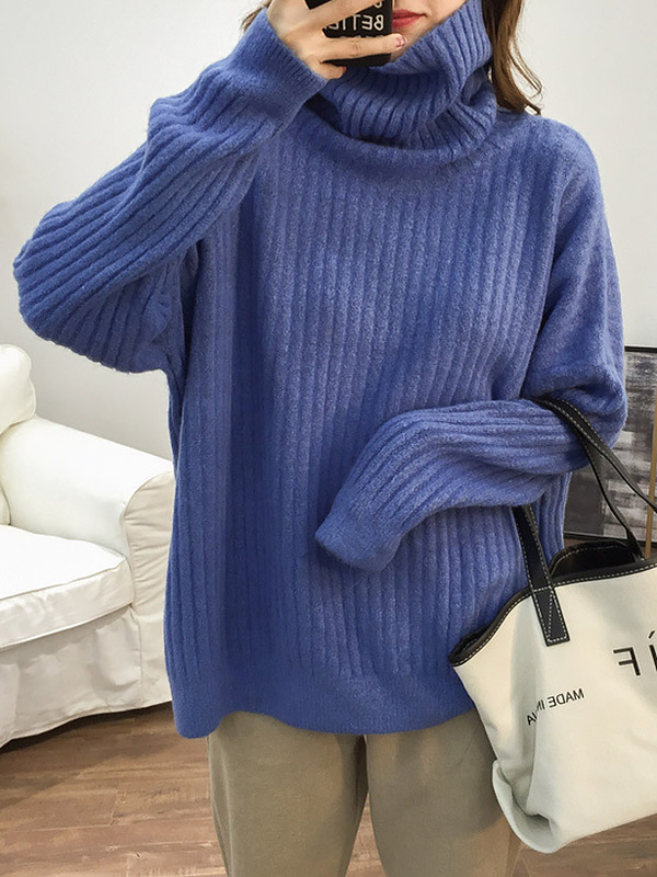 Blue Loose Slouchy Turtleneck Sweater