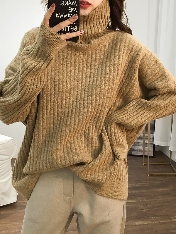 Khaki Loose Slouchy Turtleneck Sweater