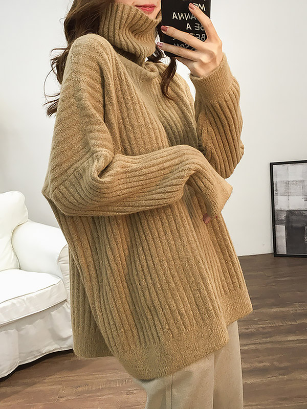 Khaki Loose Slouchy Turtleneck Sweater