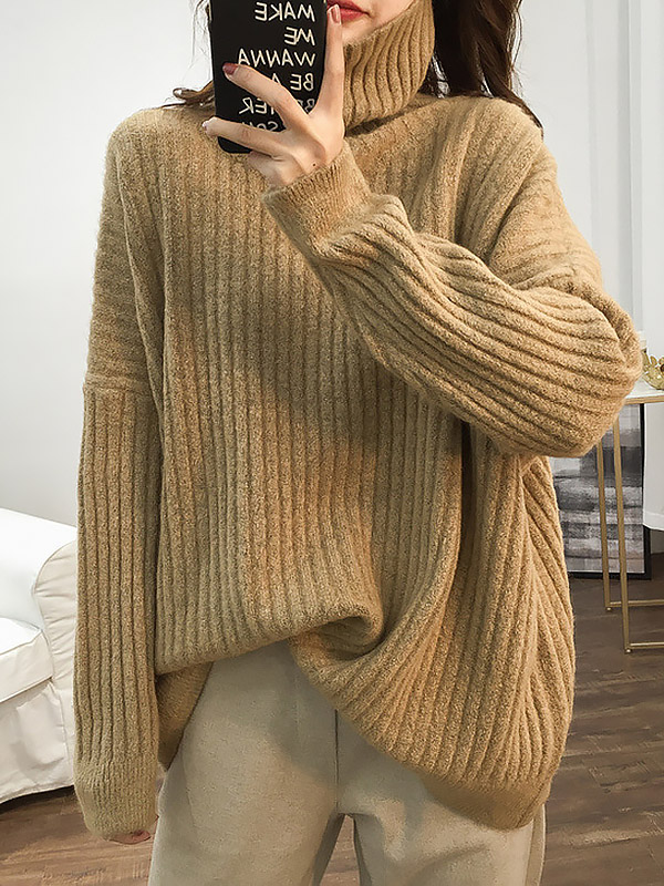 Khaki Loose Slouchy Turtleneck Sweater