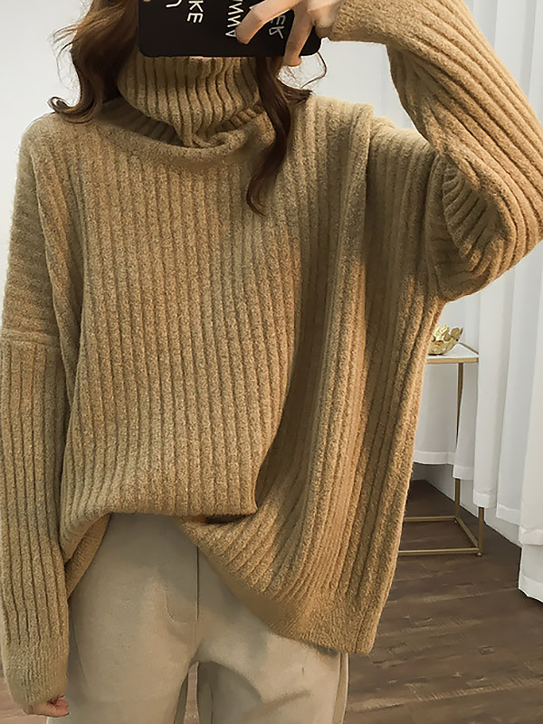 Khaki Loose Slouchy Turtleneck Sweater