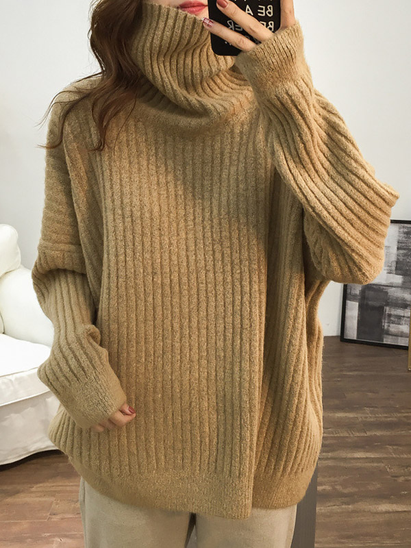 Khaki Loose Slouchy Turtleneck Sweater