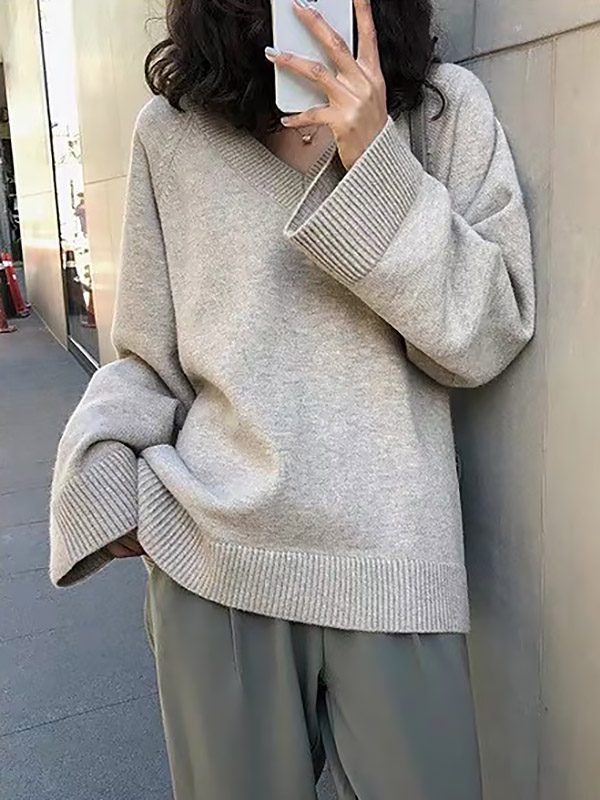 Apricot V Neck Loose Languid  Sweater