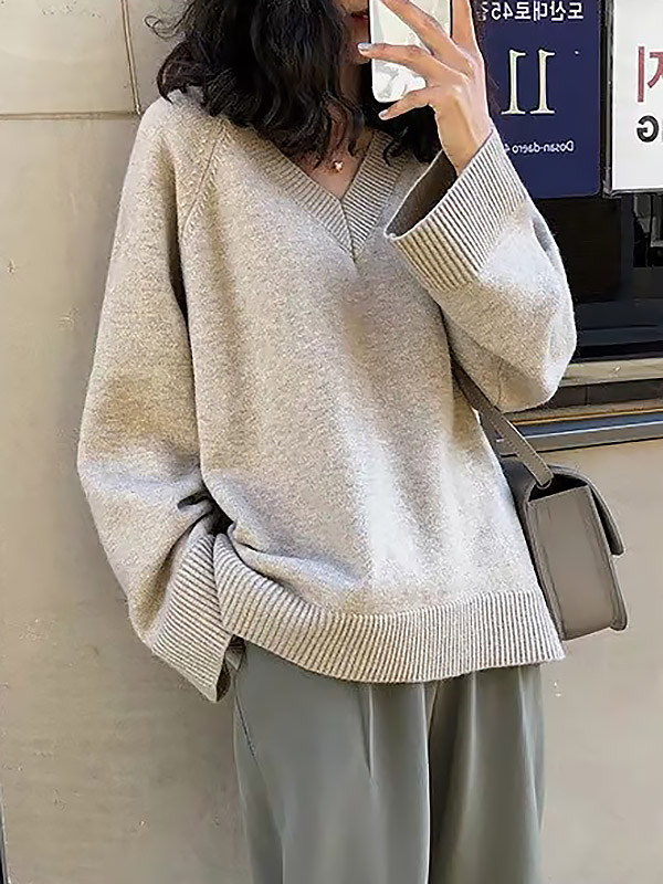 Apricot V Neck Loose Languid  Sweater