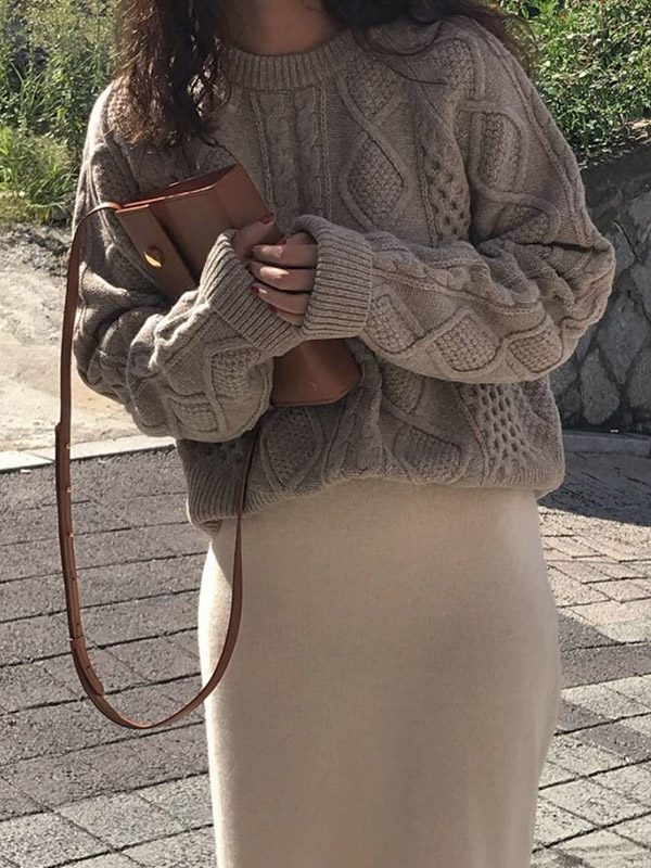 Khaki Twist Loose Round Neck Long Sleeve Sweater